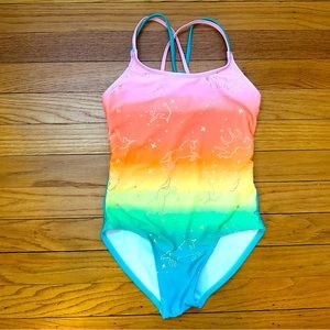 EUC Cat & Jack rainbow unicorn swimsuit size M (7/8)